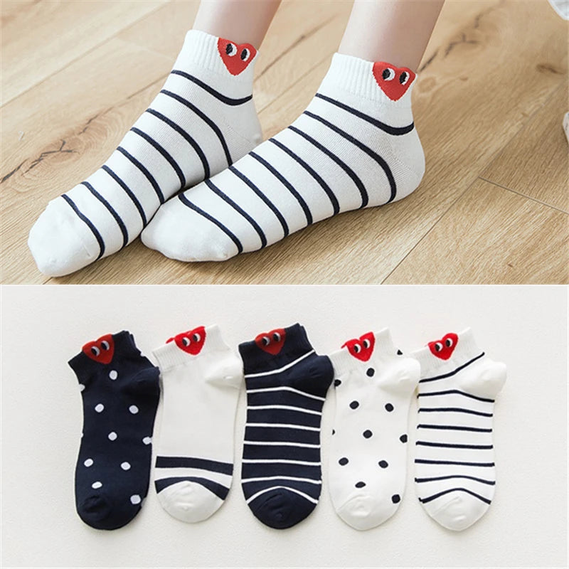 Fashion Women Kawaii 3D Heart Ear Socks Cute Simple Fresh Female Sokken With Stripes Dots Stars Big Eyes 3D Love Heart Heel