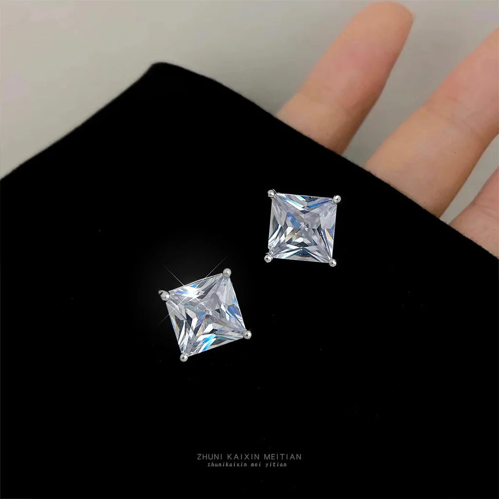 Copper Base Princess Cut Cubic Zirconia Stud Earrings, Silver Plated Square Solitaire CZ Earrings for Women Fashion Jewelry