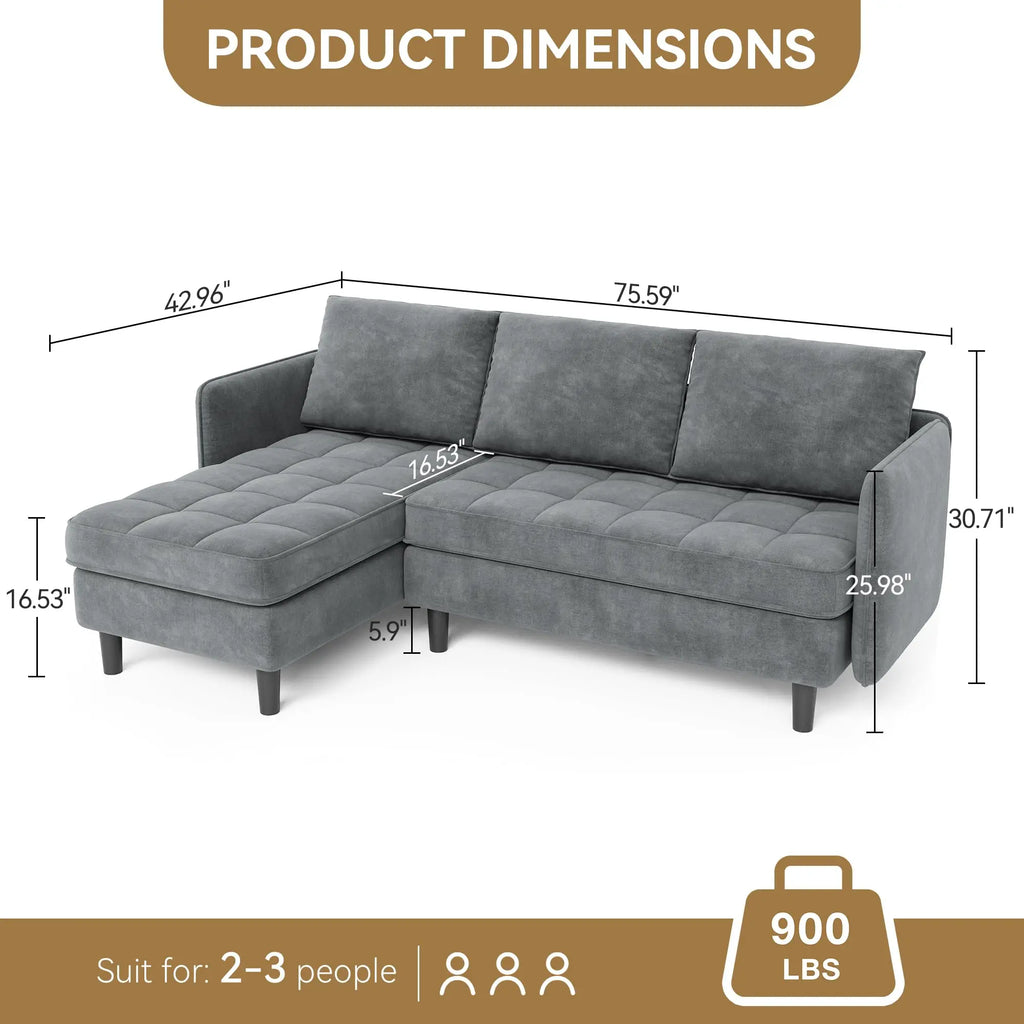 75.59 Inch Reversible L Shaped Sectional Sofa With Storage Ottoman, Chenille Couch For Small Spaces, Apartment Living Room Furniture Modern