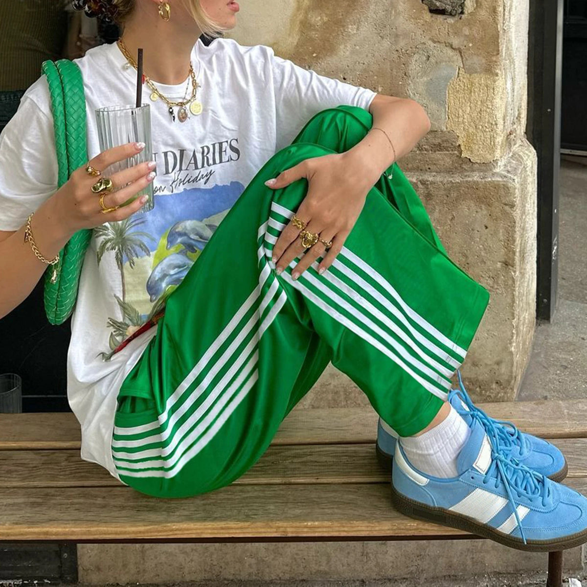 Women Spring Auutmn Striped Track Pants Elastic Waist Straight Leg Sweatpants Joggers Wide Leg Pants with Pockets Sweatpants