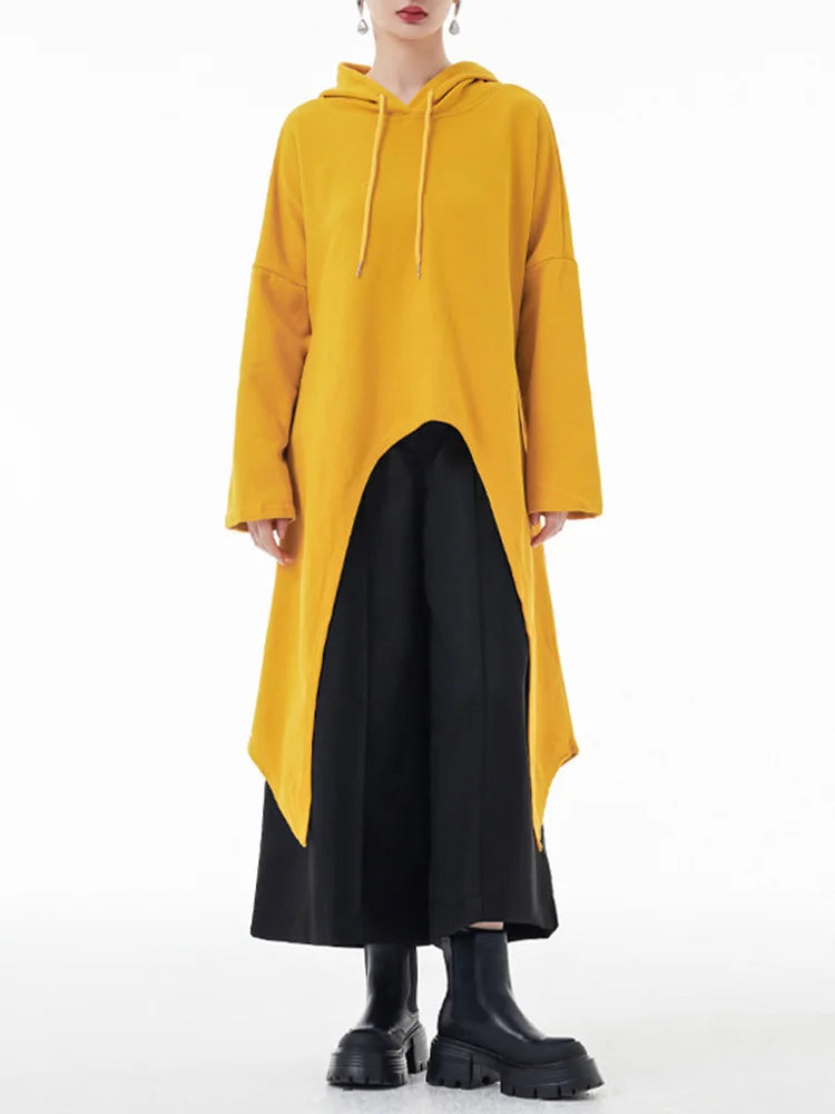 EAM Yellow Irregular Midi Sweatshirt New Hooded Drawstring Long Sleeve Women Big Size Fashion Tide Spring Autumn 2026 1DH3876