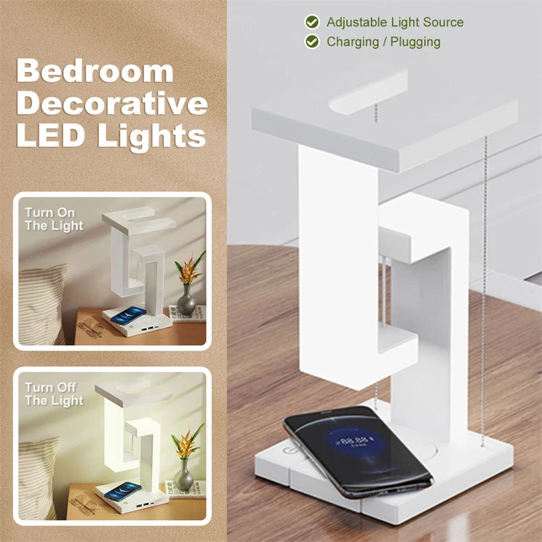 INS LED Night Light Anti-Gravity Physics Balance Suspension Table Desk Lamp Phone Wireless Charger Home Decor Bedside Lighting
