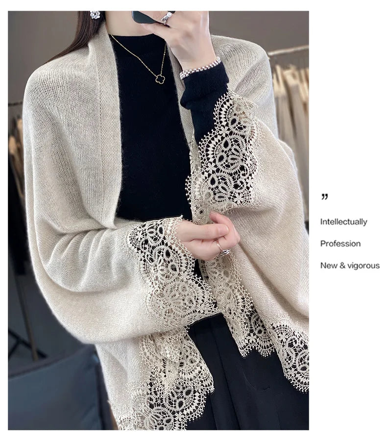 Popular Lace Edge 100% Wool Knitted Shawl Spring Autumn Thin Women's Soft, Skin friendly, Breathable, and Fashionable Cardigan