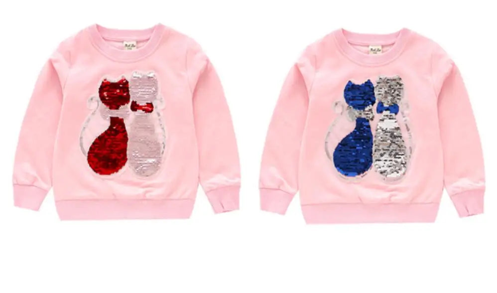 Cute Cat Baby Girls Hoody Sweatshirt Toddler Kids Cotton Sequins Cartoon Sweater Children Spring Autumn Clothes Tops