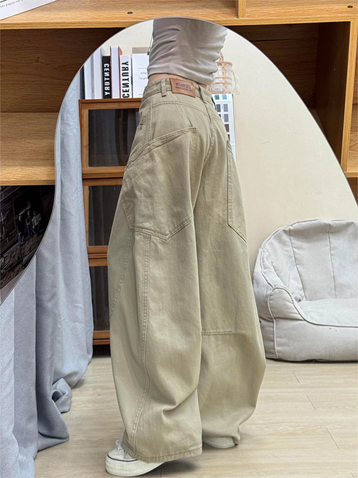 Women's Khaki Baggy Y2K Gyaru Jeans Retro Wide Leg Straight Denim