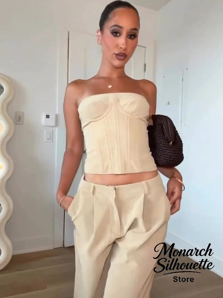 Beige Strapless Corset Shorts Set Women Y2K Sleeveless High Waist