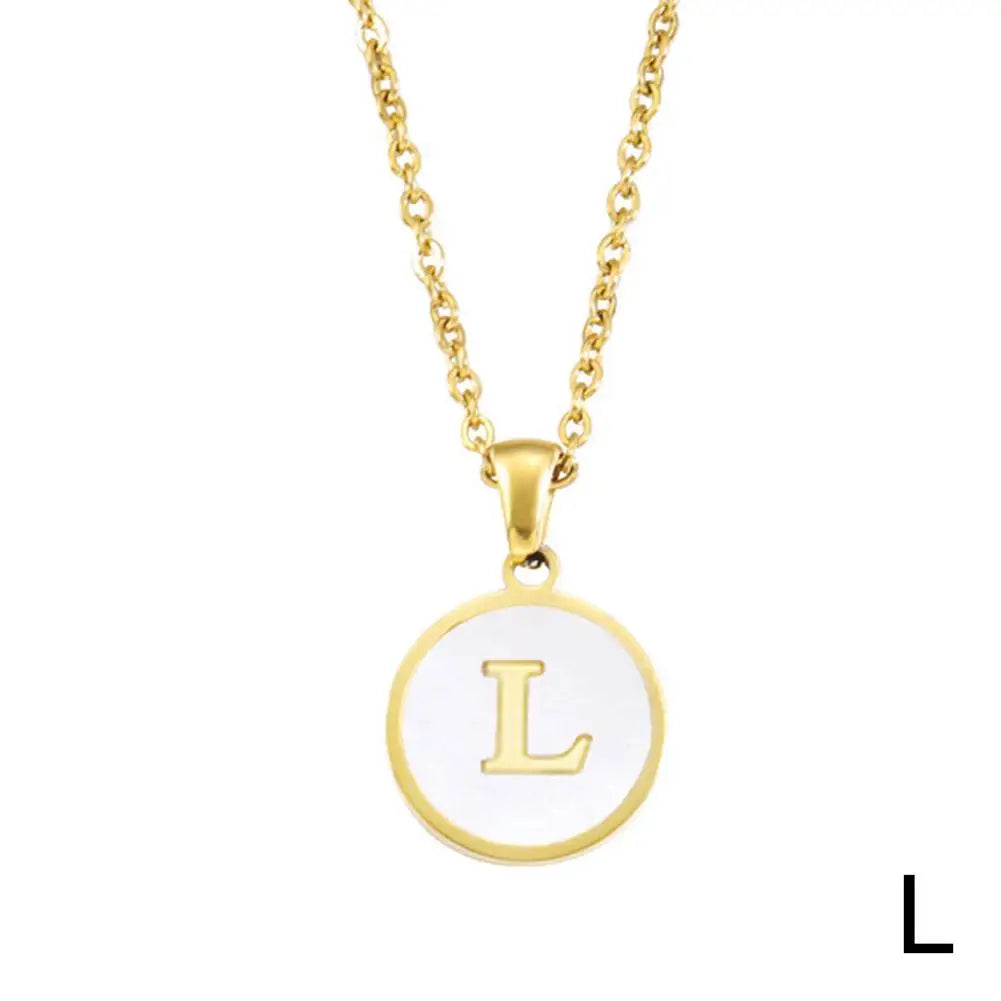 Vintage Initial 26 Letters A To Z White Shell Pendant Necklace Gold Color Steel For Women Men Choker Jewelry Necklace