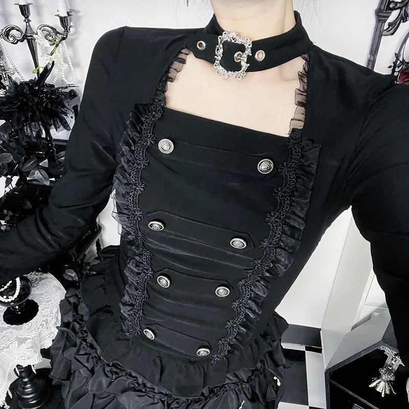 Retro Dark Subculture Lolita Mesh Trim Buckle Tees Gothic Punk