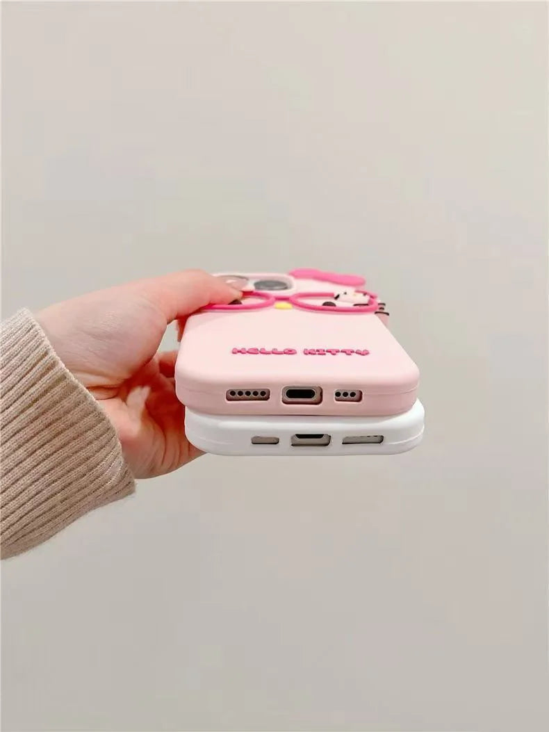 Hello Kitty 3D Cat-Eye Glasses Silicone Phone Case for iPhone 17 Pro Max 16 15 Plus 14 13 Mini 12 11 4 4S 5 5S 7 8 SE Shockproof