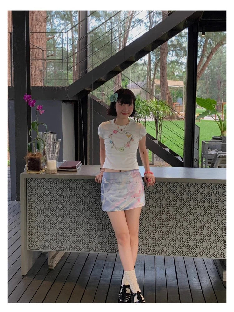 Topenomi Harajuku Printed Mini Skirt Women Japanese Y2K Aesthetic