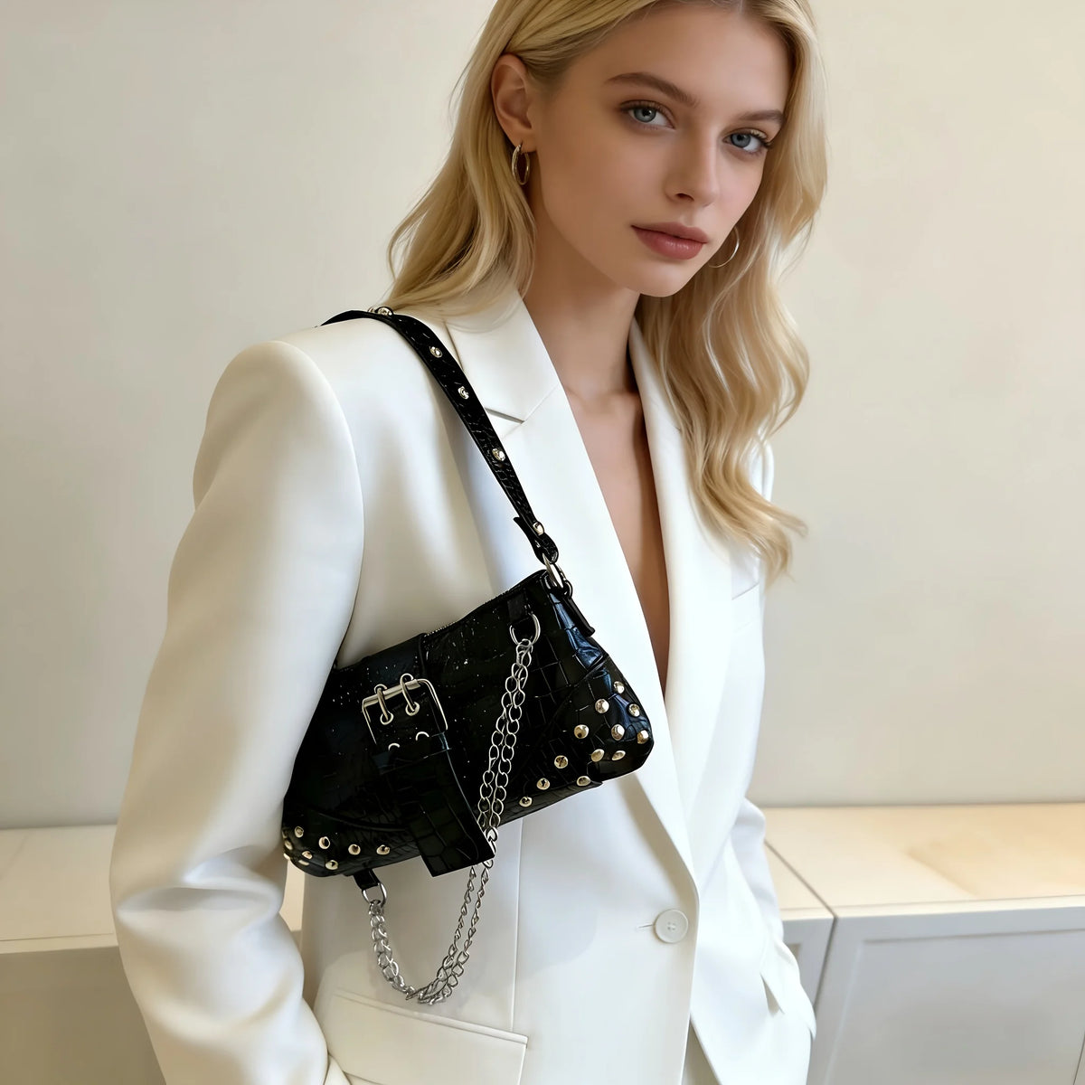 Women'S Y2K Punk Rivet Crossbody Bag - Metal Tassel Chain Shoulder
