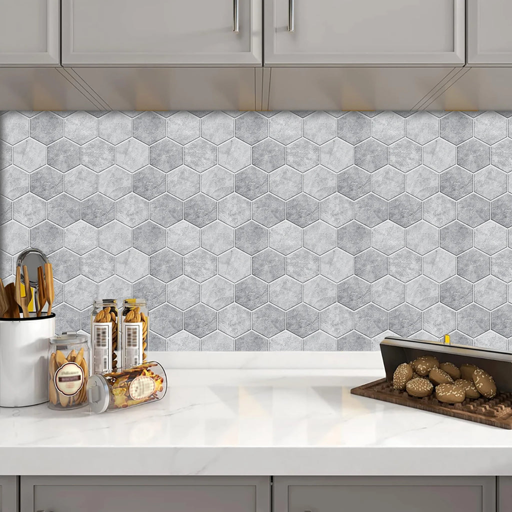 5 Styles Flat Hexagon Marble Embossing Tile Wall Stickers Oil-Proof Kitchen & Bathroom Washbasin Glossy Surface Decorative Mural