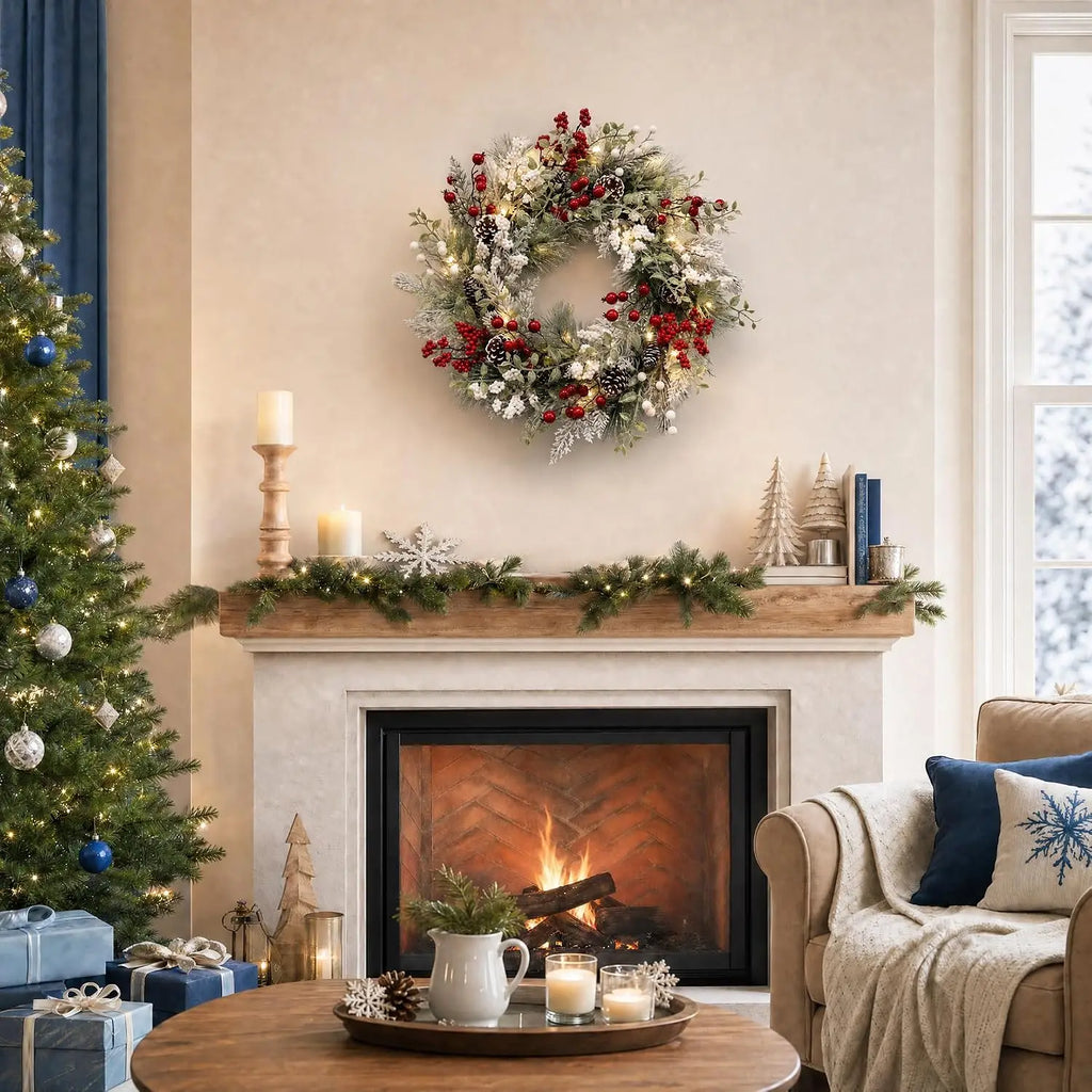 Garvee Elegant Snowy Pinecone Berry Christmas Wreath LED PVC