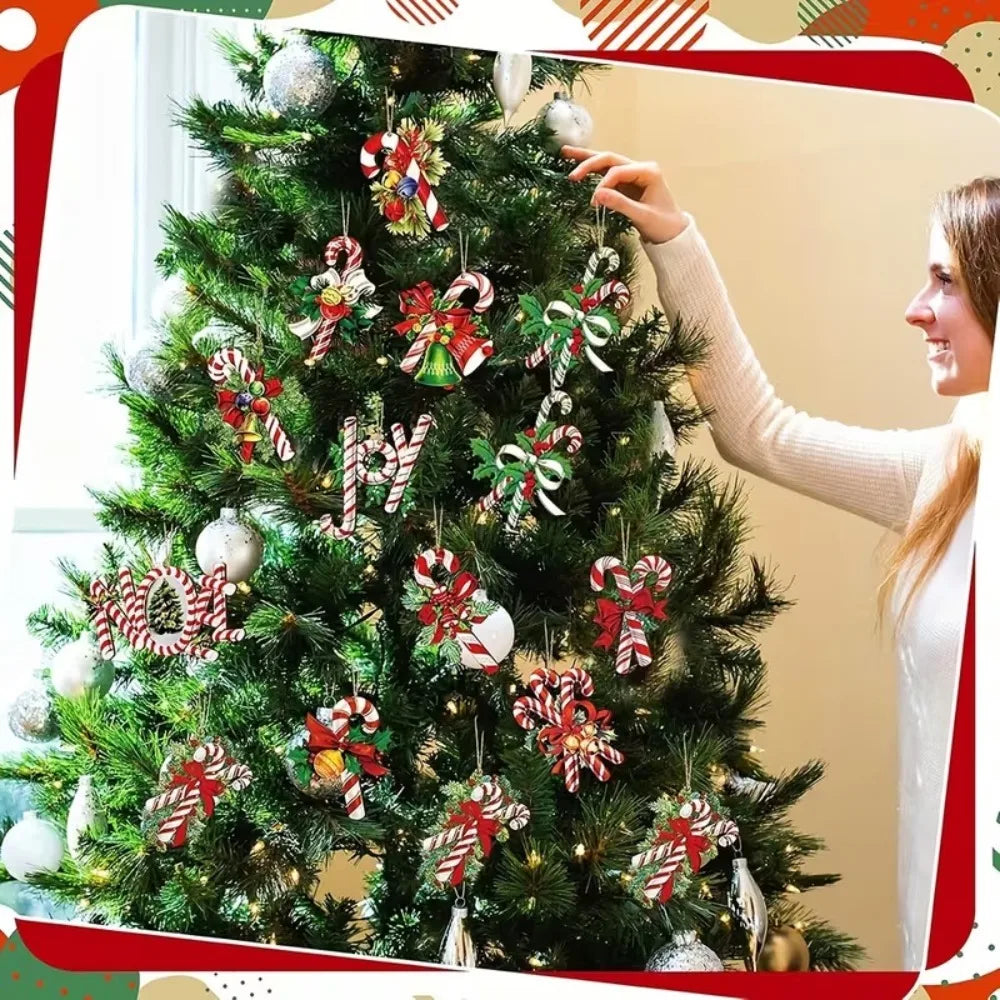 12 Pcs Wooden Christmas Tree Ornaments Cute Candy Cane Bow Bells Hanging Pendants Fun Xmas Holiday Decorations Accessories