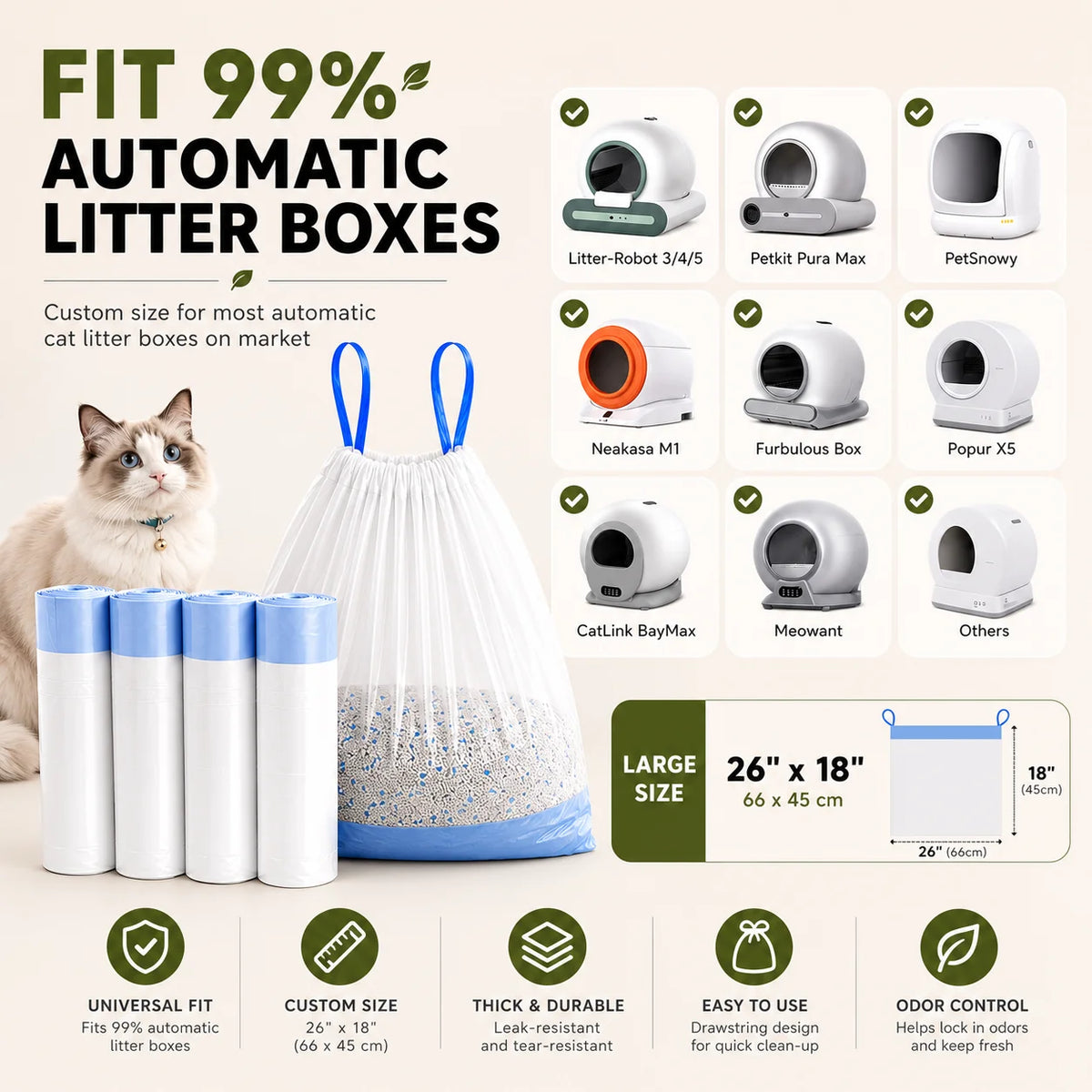 Automatic Cat Litter Box Liners 60PCS Drawstring Waste Bags