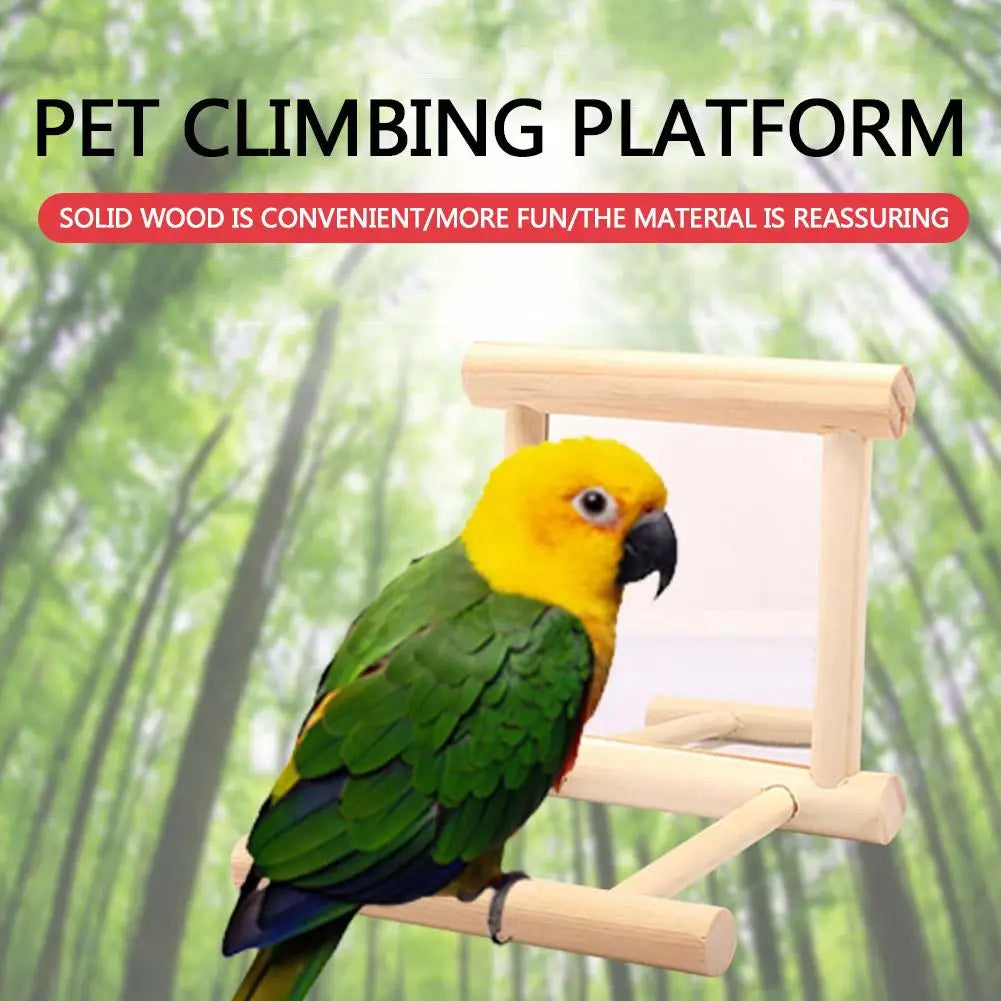 Bird Wooden Mirror Hanging Swing Interactive Play Toys for Parrot Budgies Parakeet Cockatiel Conure Lovebird Cage Accessories