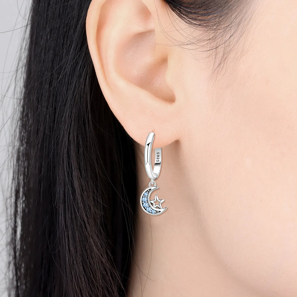 Y2K 925 Sterling Silver Asymmetric Design Star Moon Drop Earrings