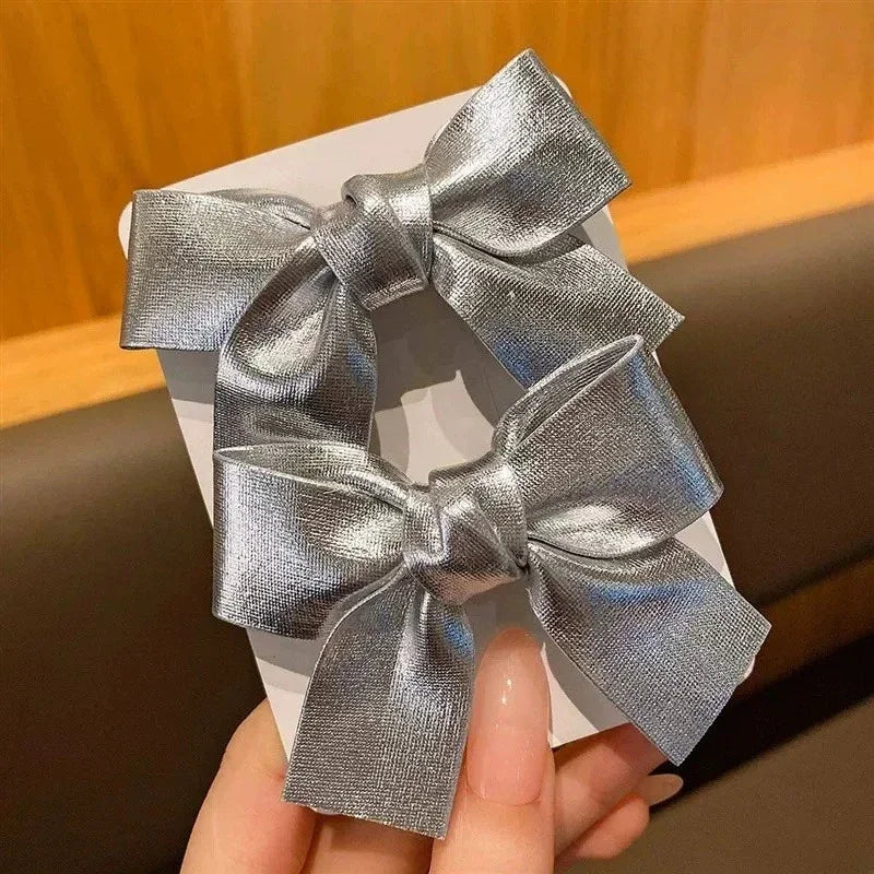2/4Pcs Y2K Silver Bow Hair Clips PU Barrettes for Girl Kids