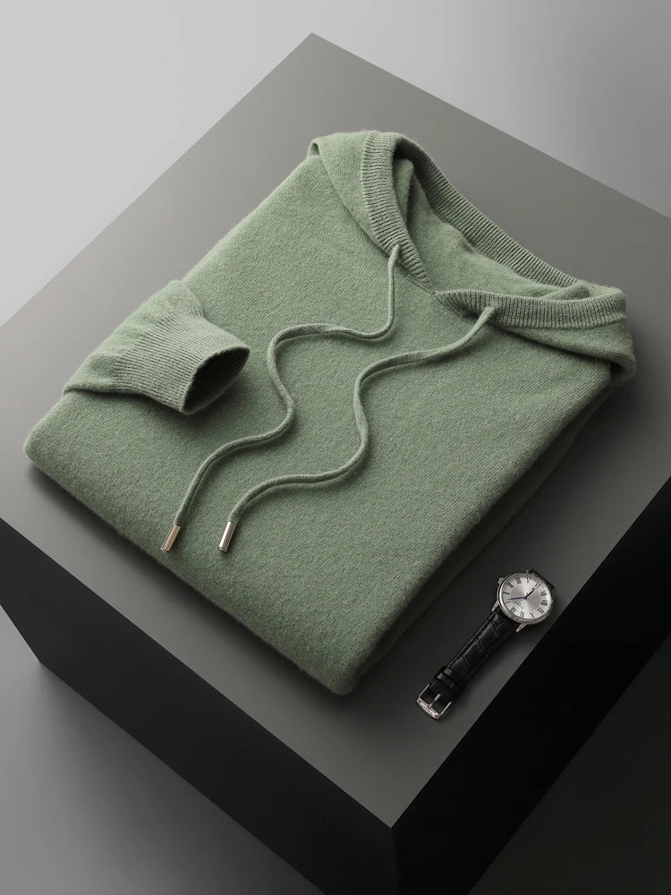 MVLYFLRT Men's 100% Merino Wool Sweater Hooded Collar Knitted Pullover Sweatshirt Autumn Winter Casual Large Tops Long Sleeved