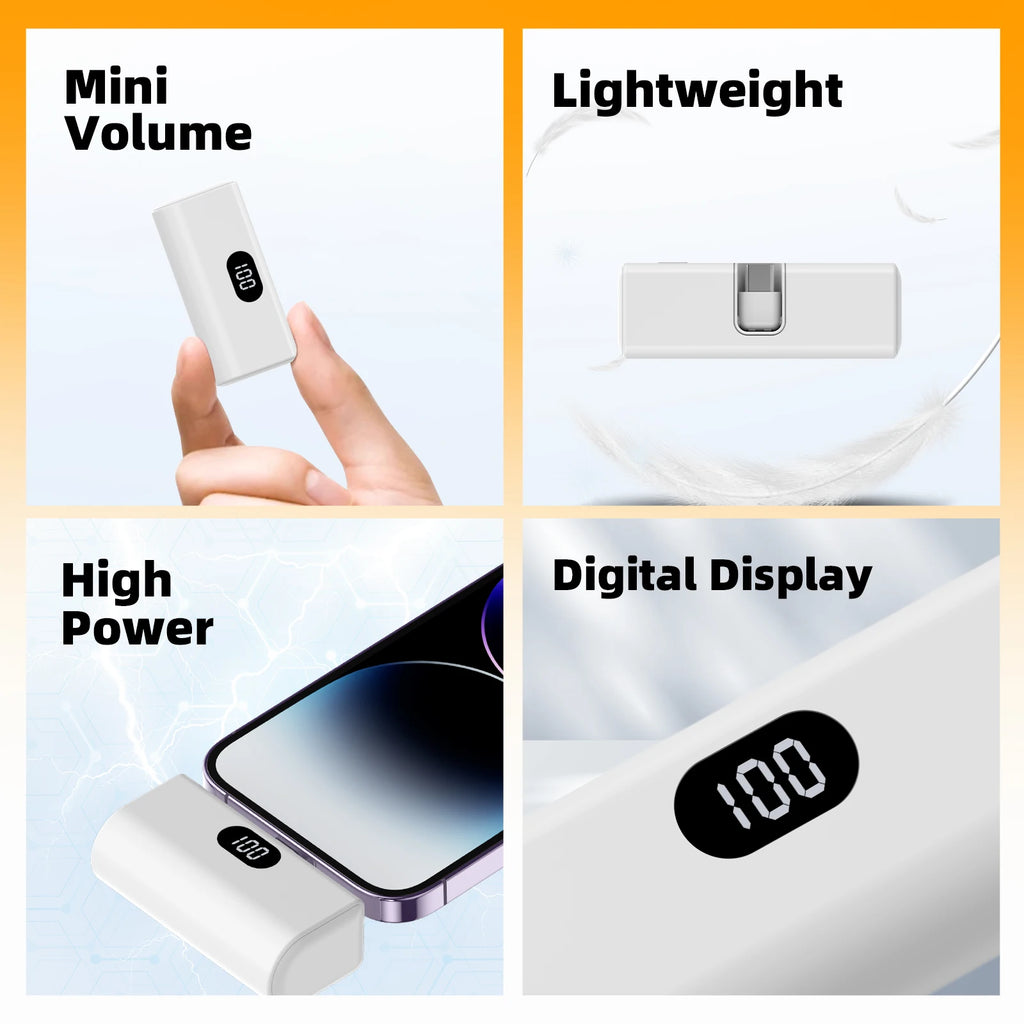 Lightweight 5000mAh Portable Power Bank with Built-in Type C