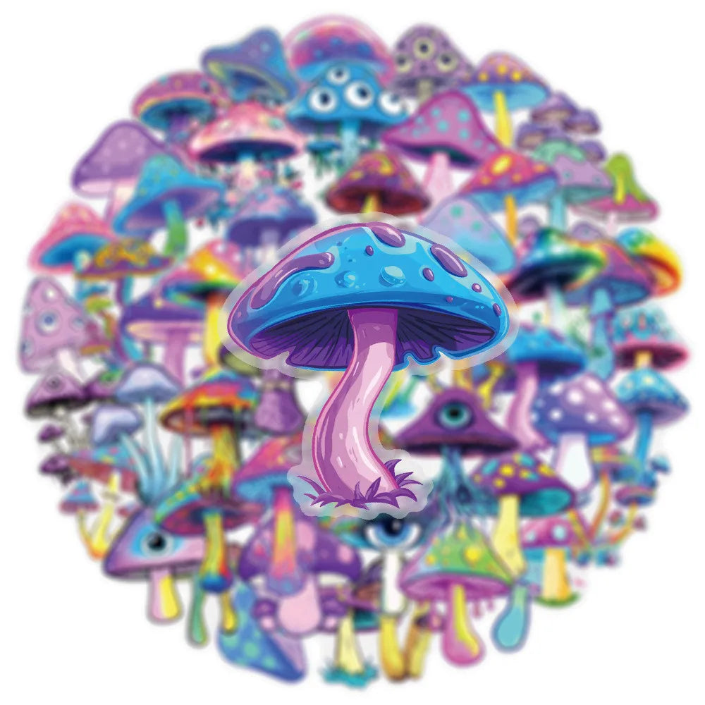 50 Pcs Transparent Iridescent Mushroom Stickers - PET Decorative Decals for Notebooks, Phone Cases, Tablets, Motorcycle