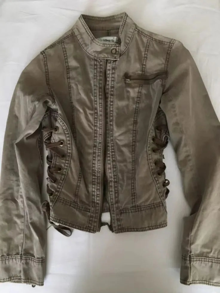Women's Jacket Y2K Retro Street Olive Green Lace-Up Slim Denim