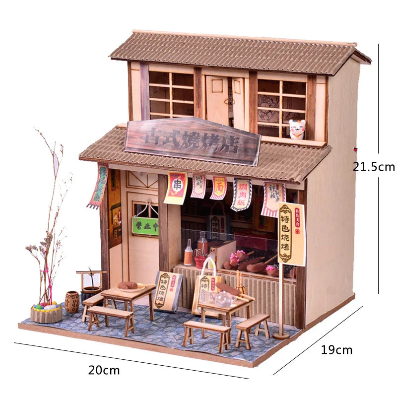 16 DIYJapanese Chinese style handmade wooden doll house Oden cooking car stall creative birthday gift collector decoration