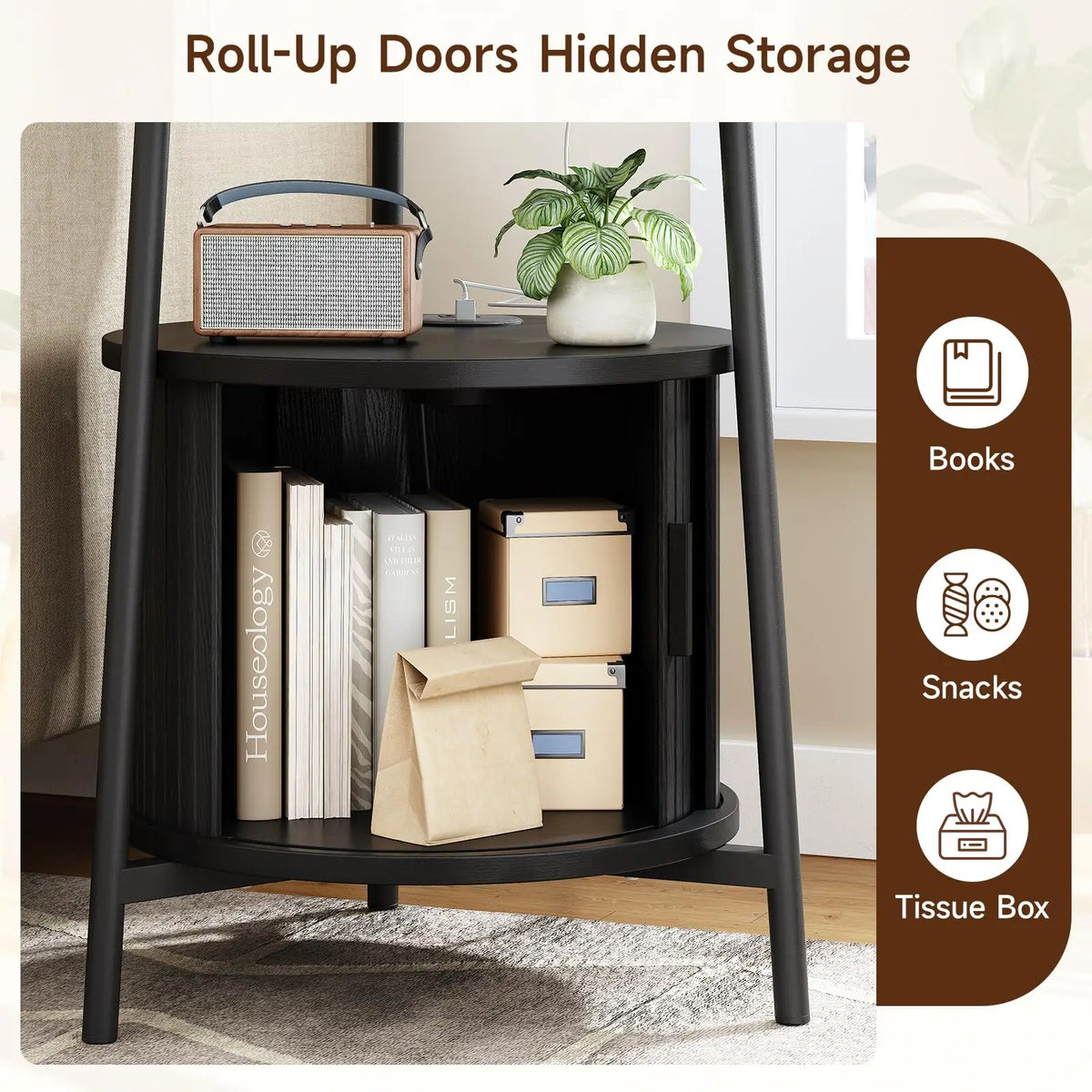 Black Small Round Side Table with Storage