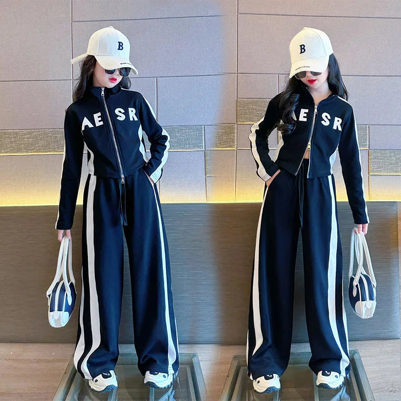 Girls Patchwork Alphabet 2-Way Zip Sweatshirt Jacket+Sweatpant Workout Set School Kids 2PCS Tracksuit Child Jogger Outfit 7-16Yr