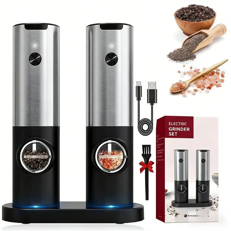 Electric Salt Pepper Grinder Set USB Rechargeable Automatic Spice Mill with LED Light Adjustable Coarseness Kitchen Gadget