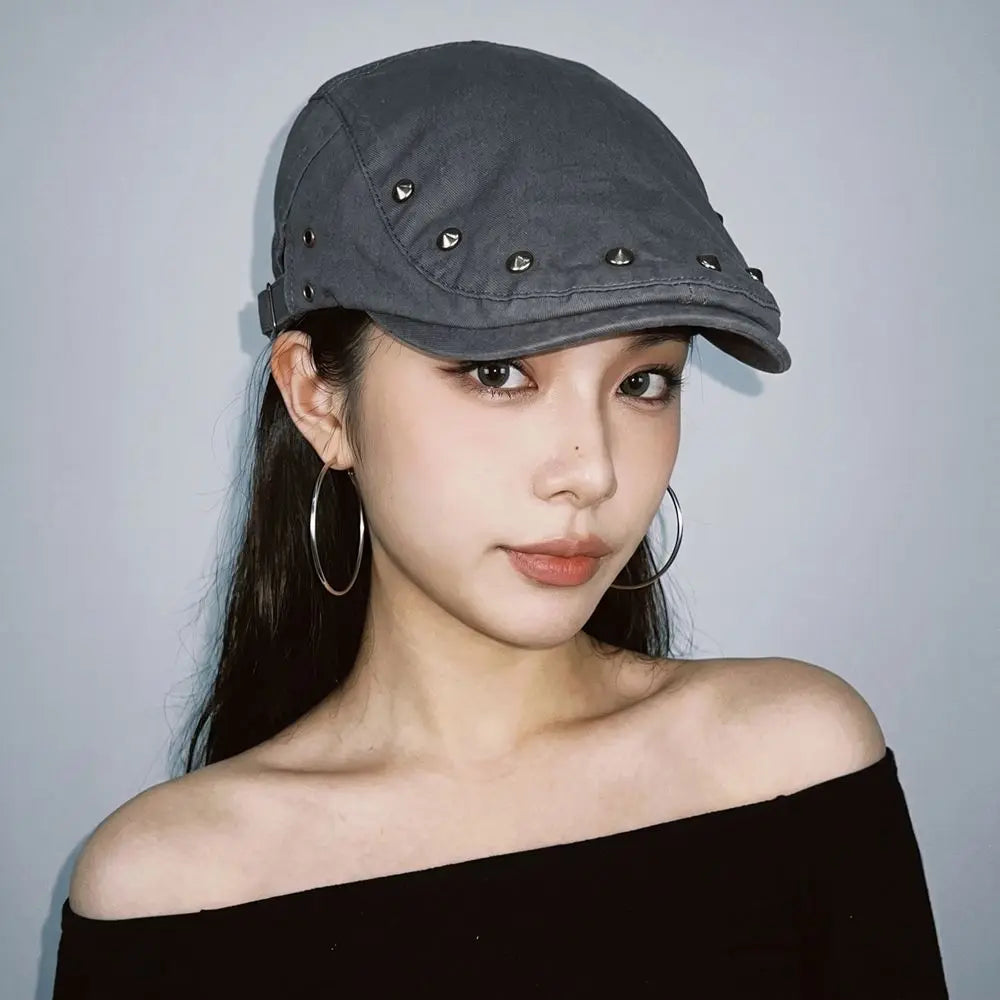 Personality Y2K Rivet Beret Harajuku Cotton Newsboy Cap Visor
