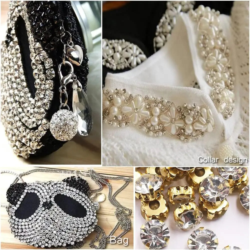 100 Stitching Rhinestones with Gold Claws 6 Sizes Gold Round Stitching Rhinestones for Sewing Crafts Jewelry Making