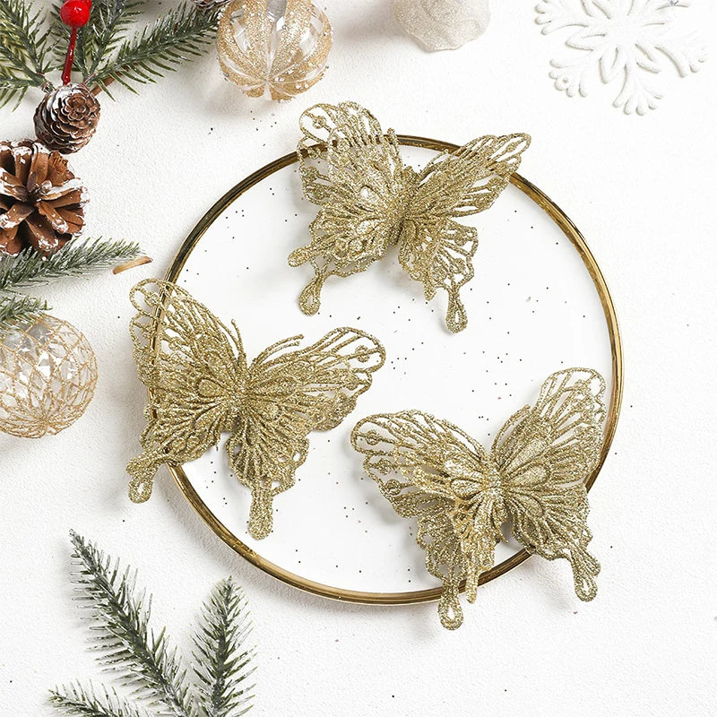 8/16Pcs Christmas Decoration Butterfly Ornaments Glitter Xmas Tree Pendant Navidad Home New Year 2026 Decor Wreath Supplies