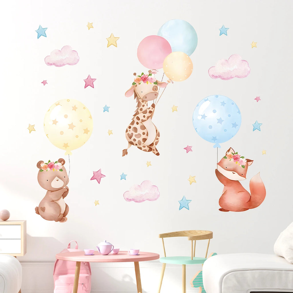 1Pc Cartoon Cute Animals Rabbit Balloon Wall Sticker Decoration for Bedroom Girls Gift Wall Art Home Decor Living Room Kids Room