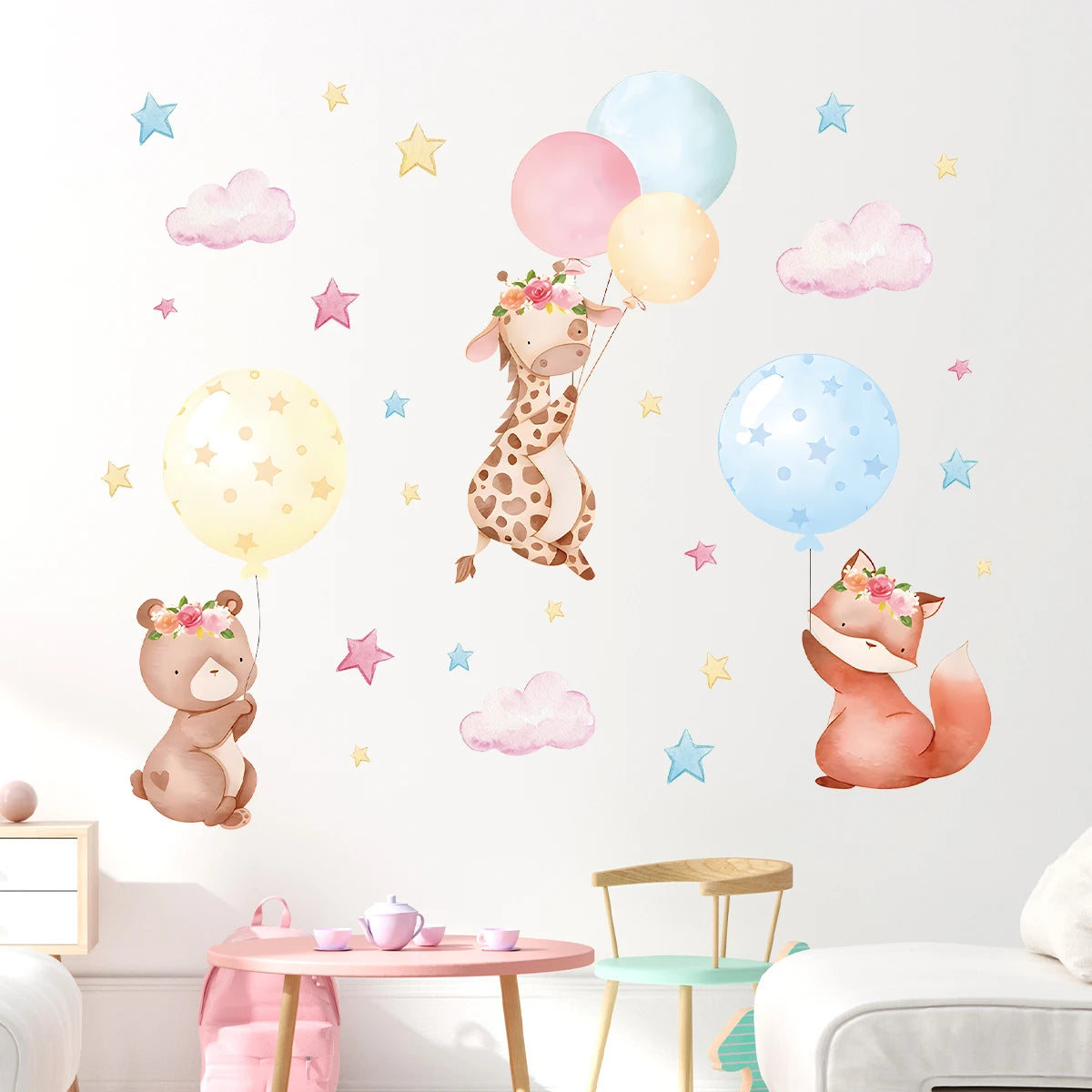 1Pc Cartoon Cute Animals Rabbit Balloon Wall Sticker Decoration for Bedroom Girls Gift Wall Art Home Decor Living Room Kids Room