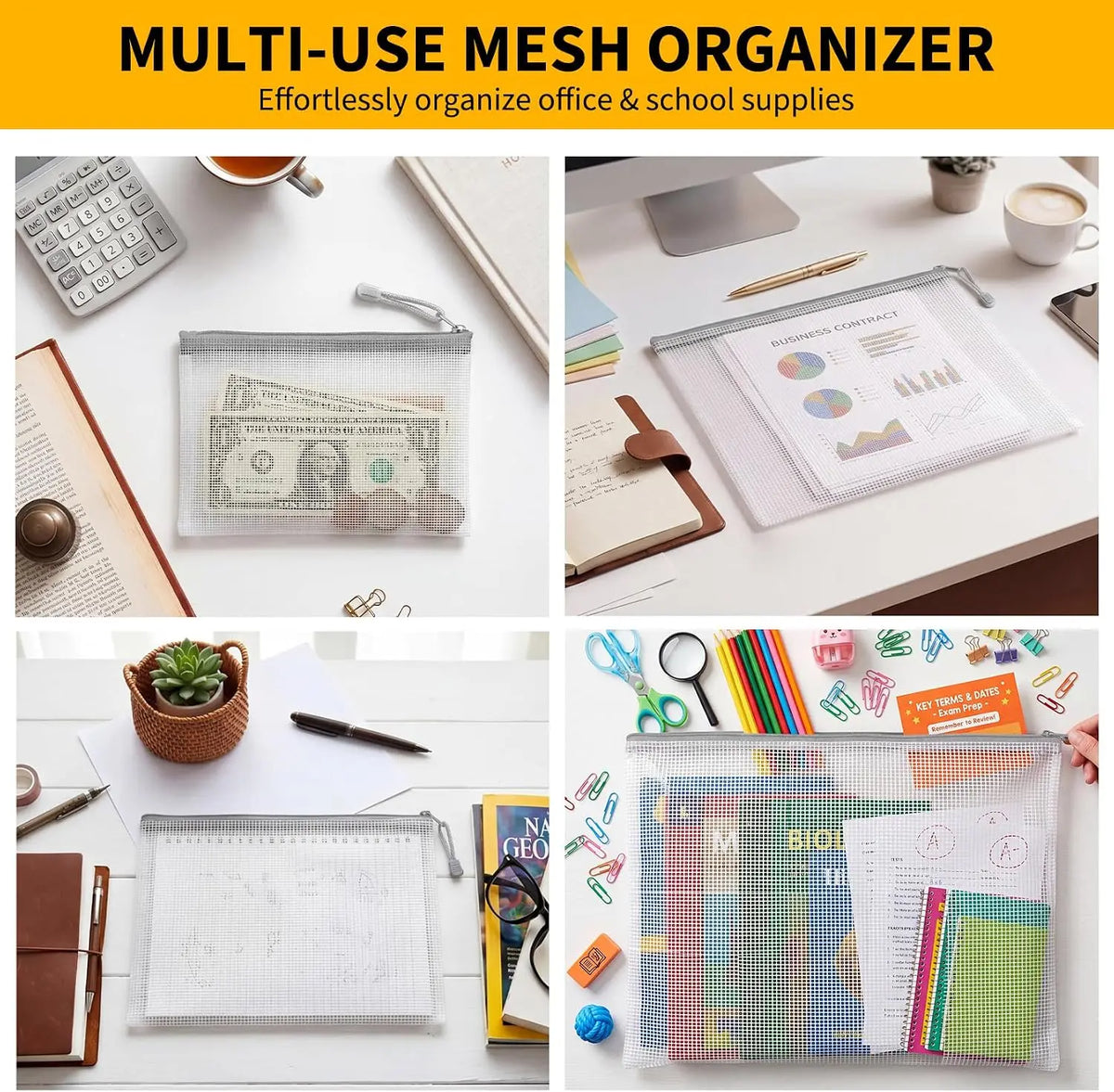 56-Pack Waterproof PVC Mesh Zipper Pouch  A3/A4/A5/A6/B4/B5/B6  Size File Document Pockets Bill Bags Folders for Office Home Stationery Supply
