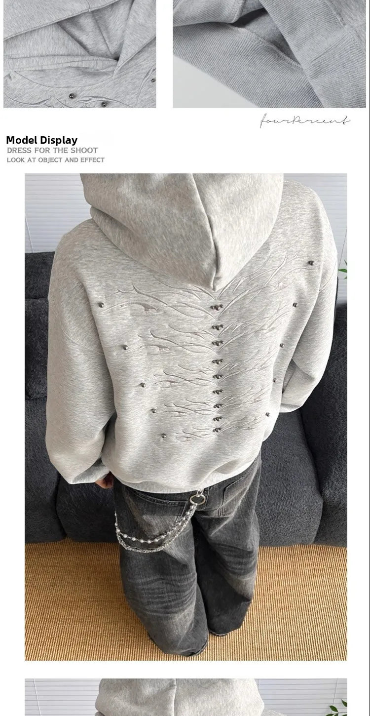American Retro Spine Embroidered Metal Rivet Pullover Hooded Sweatshirt Men Women High Street Hip-Hop Loose Casual Streetwear