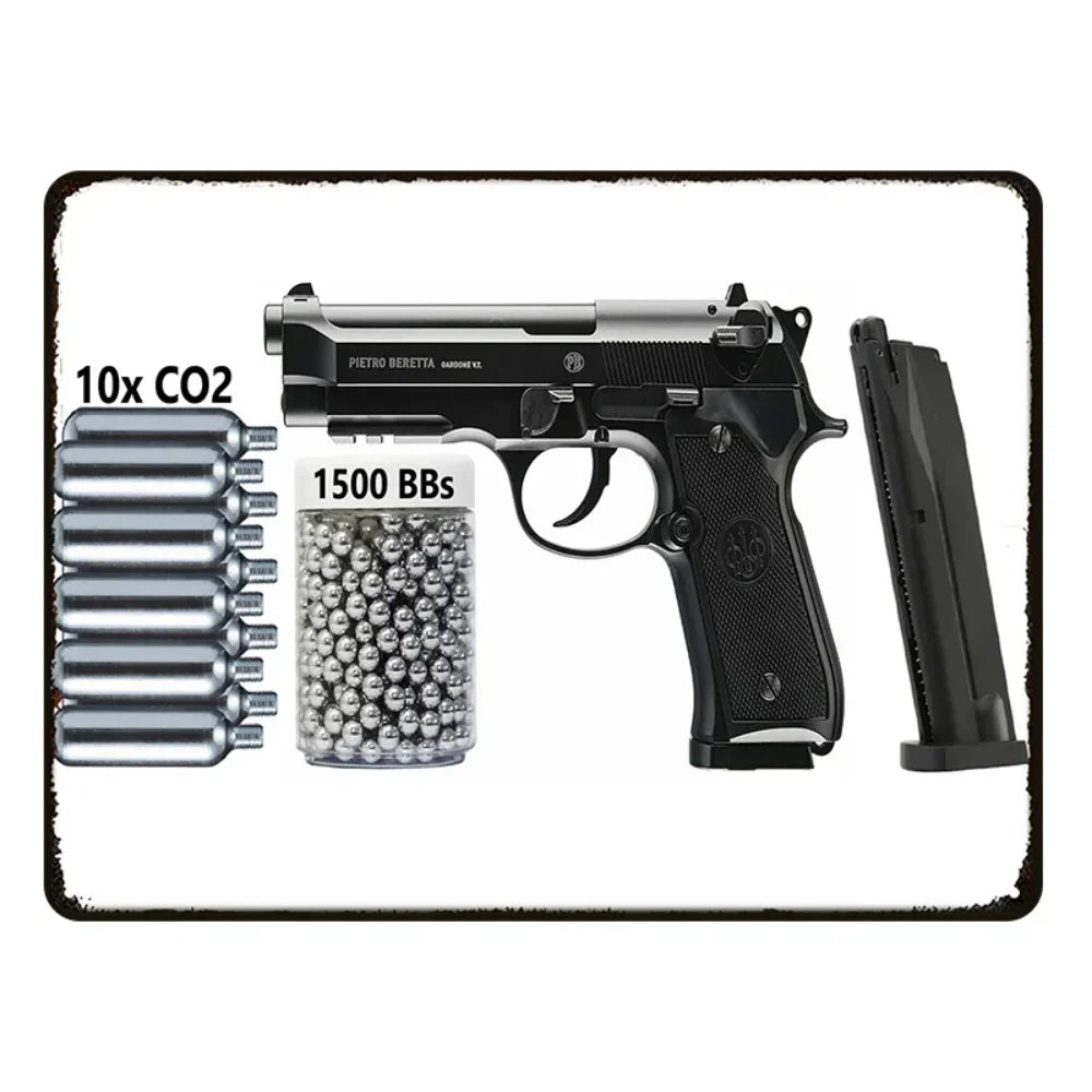 Pietro Beretta CO2 Air Pistol Metal Tin Sign, Retro Airgun BBs Ammo Wall Art Decor, Rustic Shooting Hobby Plaque for Man Cave Ga