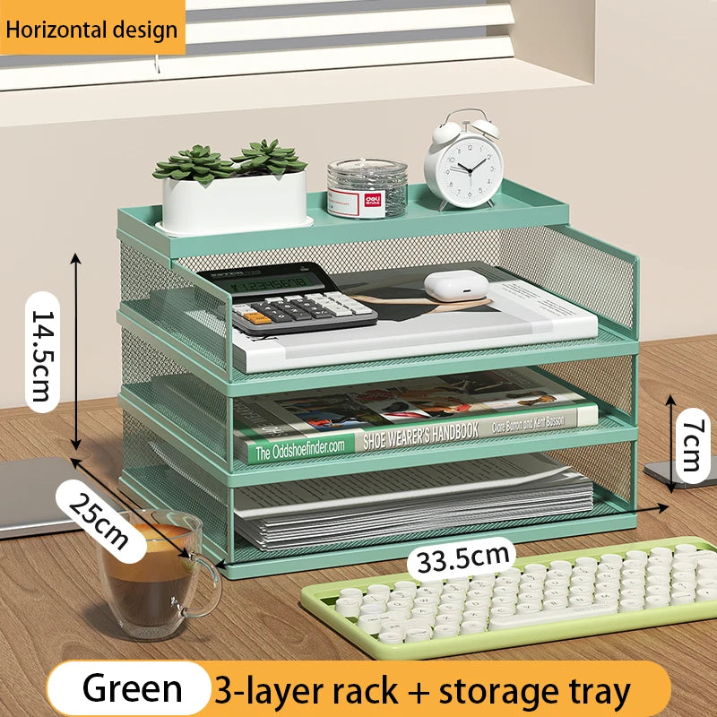 4-Tier Green Stackable Letter Tray Office Desk Organizer File Trays, Desktop Holder for Paper Letter Accessories with Pen Holder