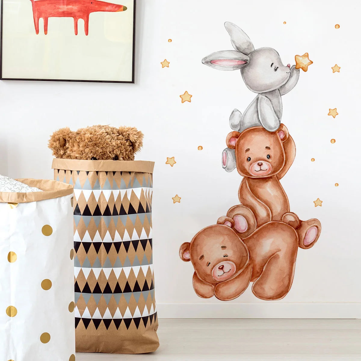 Cute Bear Moon Star Wall Stickers for Kids Rooms Girls Boys Baby Room Decoration Kawaii Cartoon Animal Nursery Wallpaper Vinyl