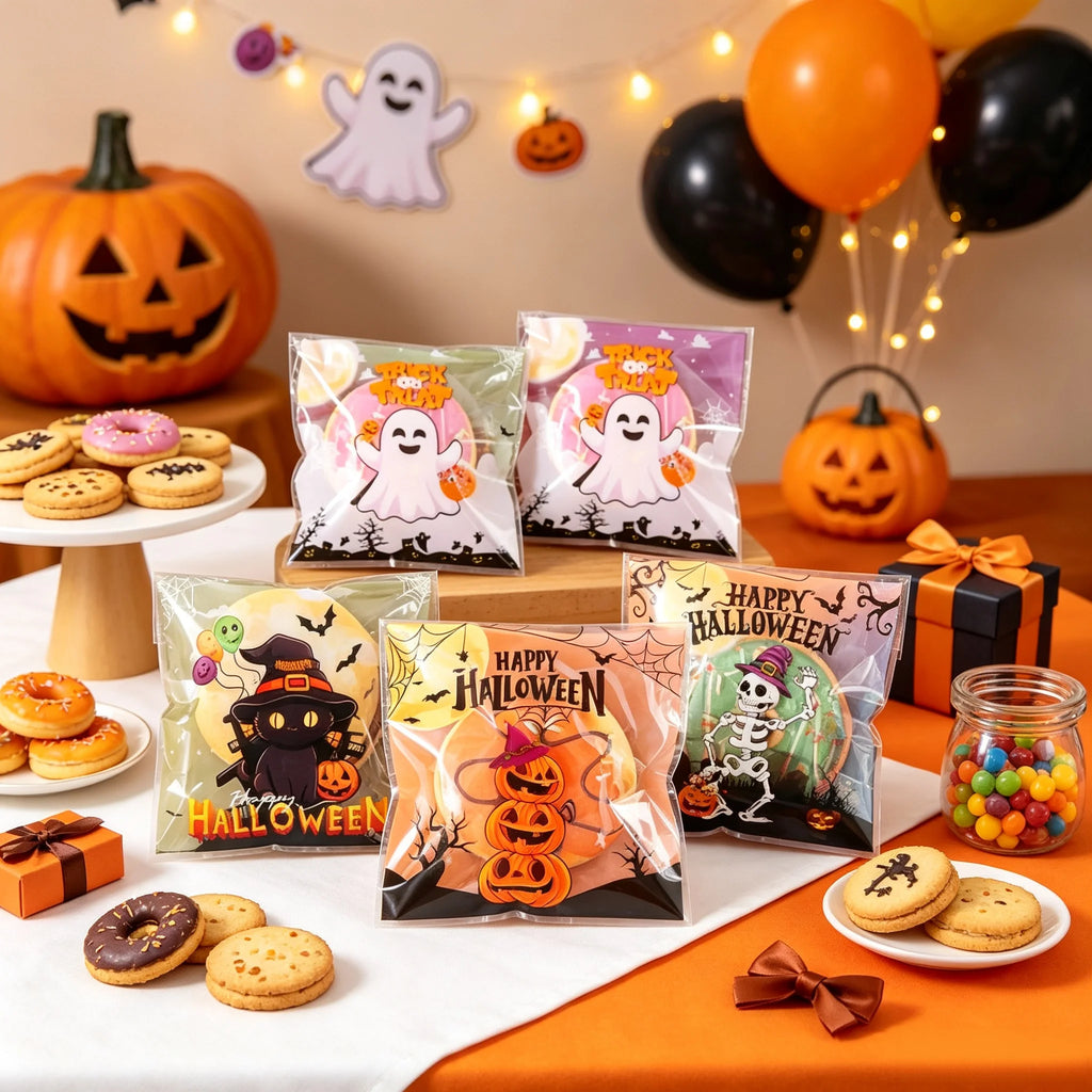 50/100/500Pcs Spooky Halloween Candy Bags Pumpkin Ghost Gift Cookie Self-Sealing Bags Halloween Party Decor Trick or Treat