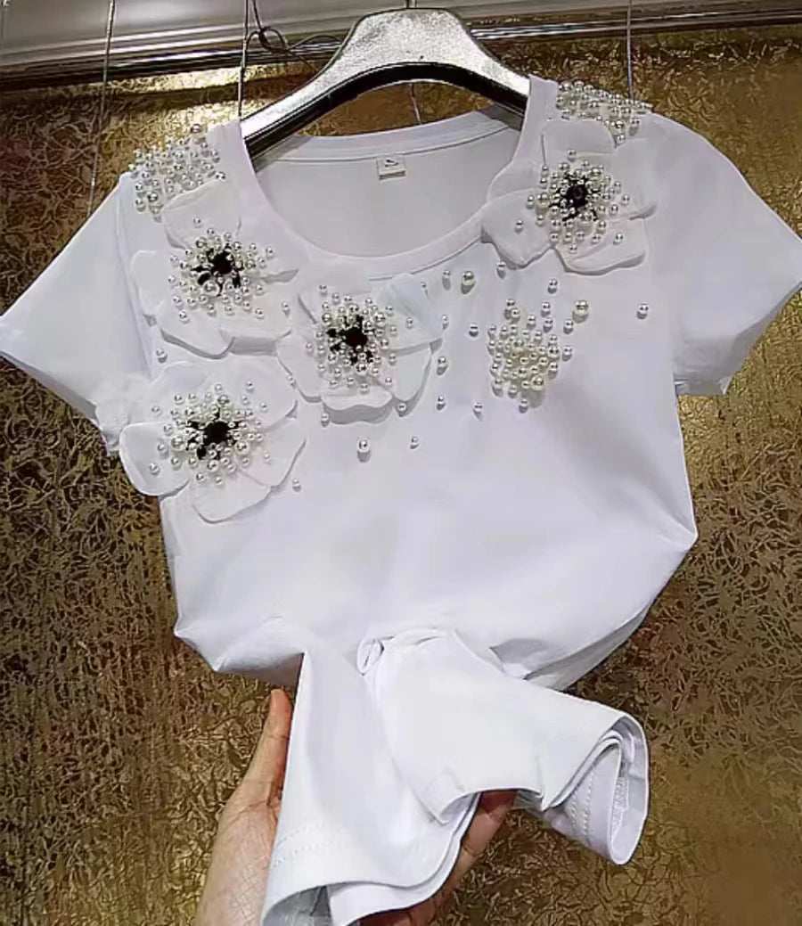 In Y2K Clothes Luxury Embroidered Flares White Cotton T Shirts for