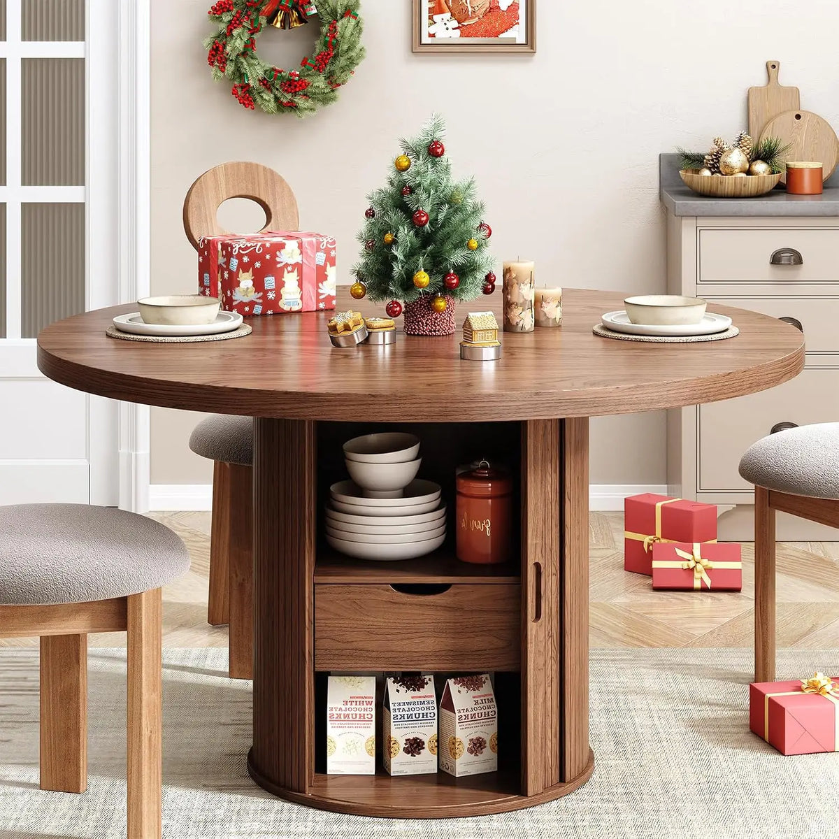 47-Inch Round Walnut Dining Table With Storage
