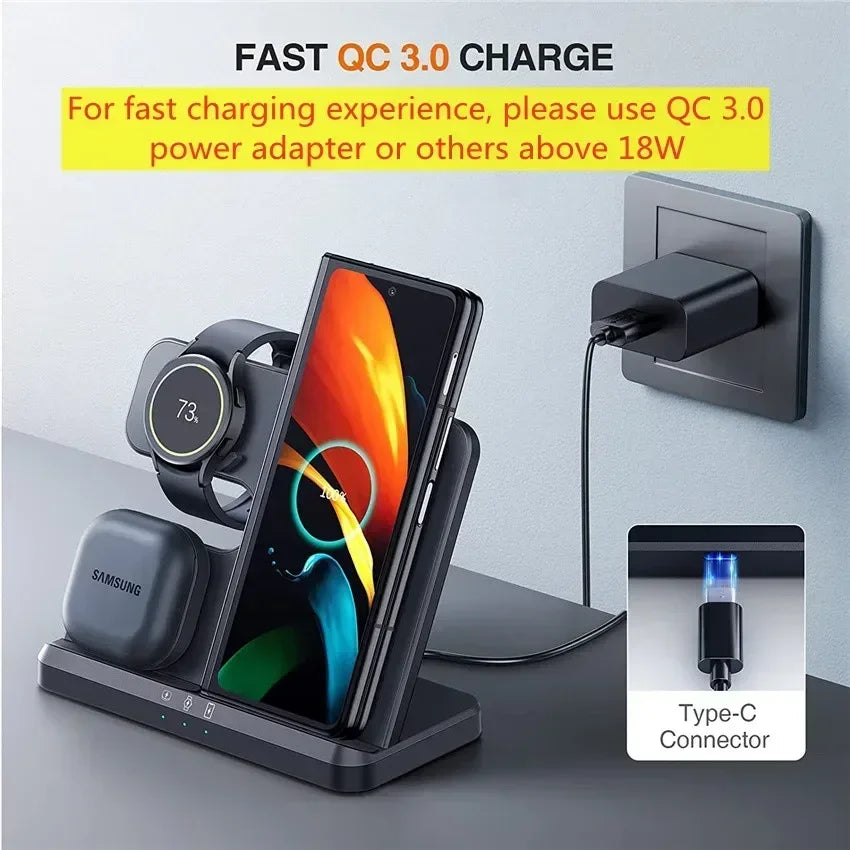 3 in 1 Wireless Charger Stand For Samsung S24 S23 S22 Ultra Note Galaxy Watch 7 6 Active Buds3/2 Pro Fast Charging Dock Station