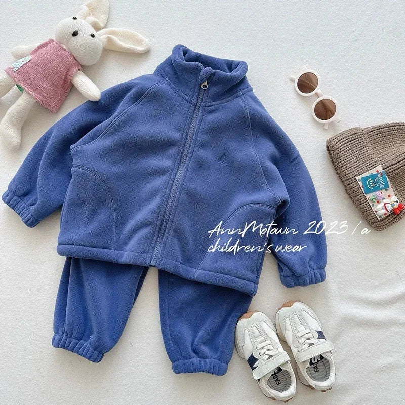 Children's Polar Fleece Suit Zipper Tracksuit Set for Boy Girl Baby Clothes Fall Winter Insulated Sweatshirt Pants Sportwear