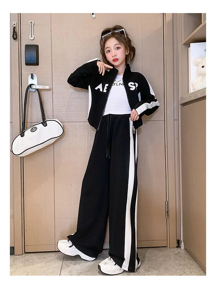 Girls Patchwork Alphabet 2-Way Zip Sweatshirt Jacket+Sweatpant Workout Set School Kids 2PCS Tracksuit Child Jogger Outfit 7-16Yr