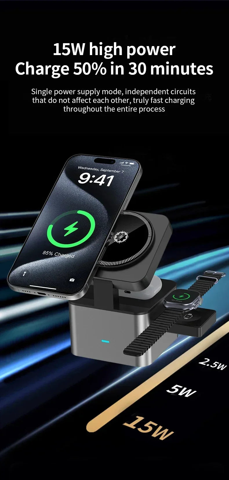 ice-Cooling For Magsafe Wireless Charger Station Stand For iPone 16~12 Pro Max/iWatch 10~2 SE/AirPods 4 Pro 3 in 1 Fast Charging