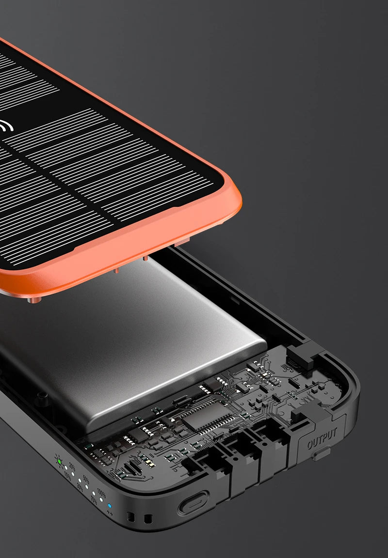 43800mAh Solar Power Bank Quick Wireless Charger External Battery Pack PD 20W Powerbank Built Cables LED Light for iPhone Xiaomi