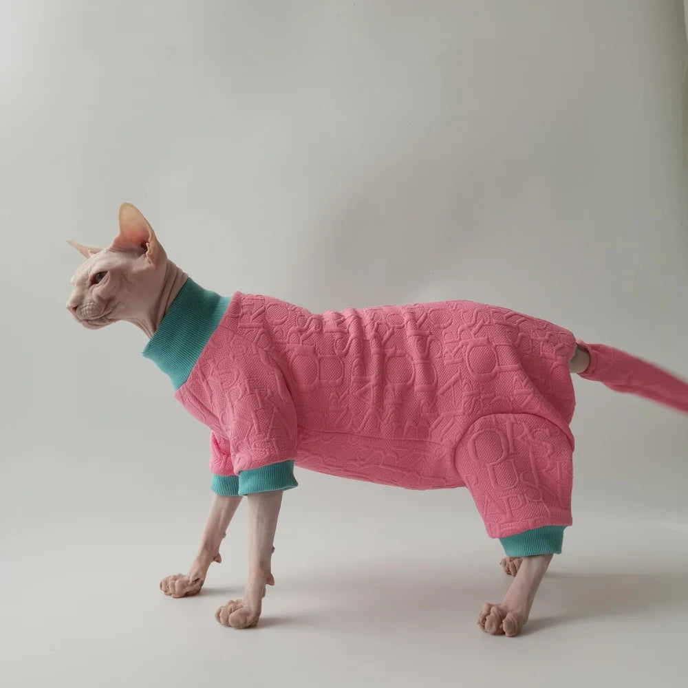 Sweet Spring Elegant Pink Suit for Sphynx Cat 4-legged Coat Hat Tail Cover Sweatshirt Set for Female Cats Jumpsuit for Devon Rex