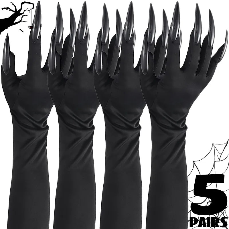 5/1pair Scary Long Nails Gloves Halloween Cosplay Ghost Claw Black Nails Finger Gloves Arm Sleeves Party Costumes Props Supplies